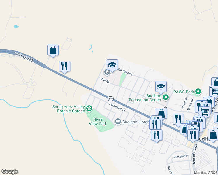 map of restaurants, bars, coffee shops, grocery stores, and more near 350 Beech Court in Buellton