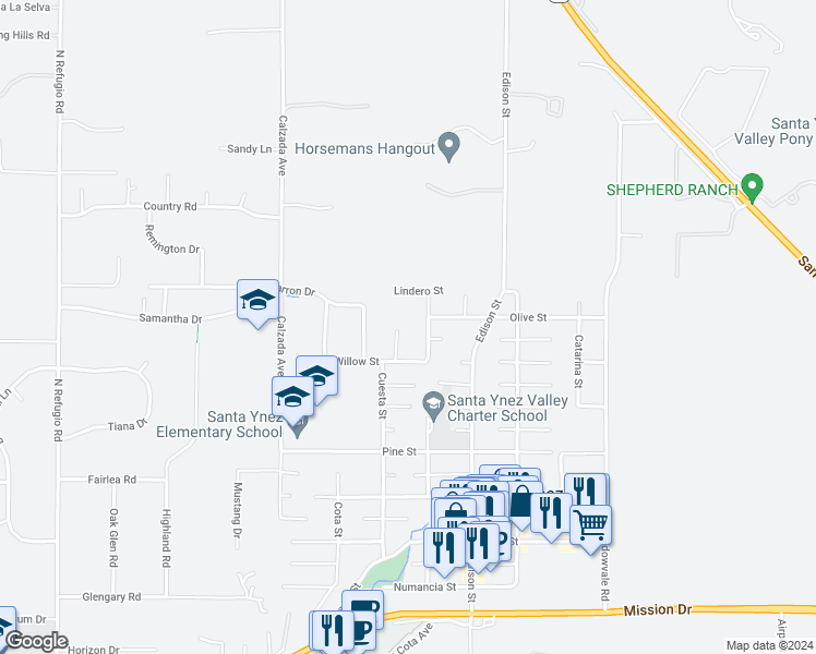 map of restaurants, bars, coffee shops, grocery stores, and more near 1348 Cheyenne Lane in Santa Ynez