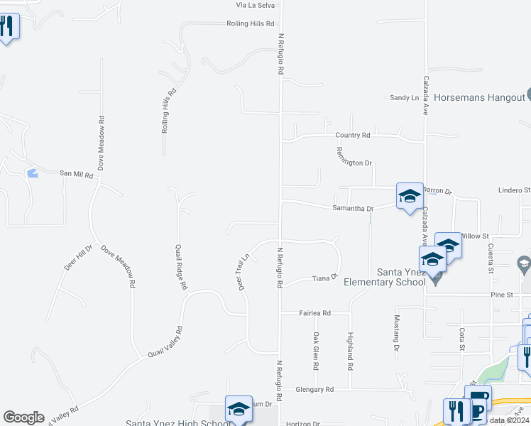 map of restaurants, bars, coffee shops, grocery stores, and more near 1343 North Refugio Road in Santa Ynez