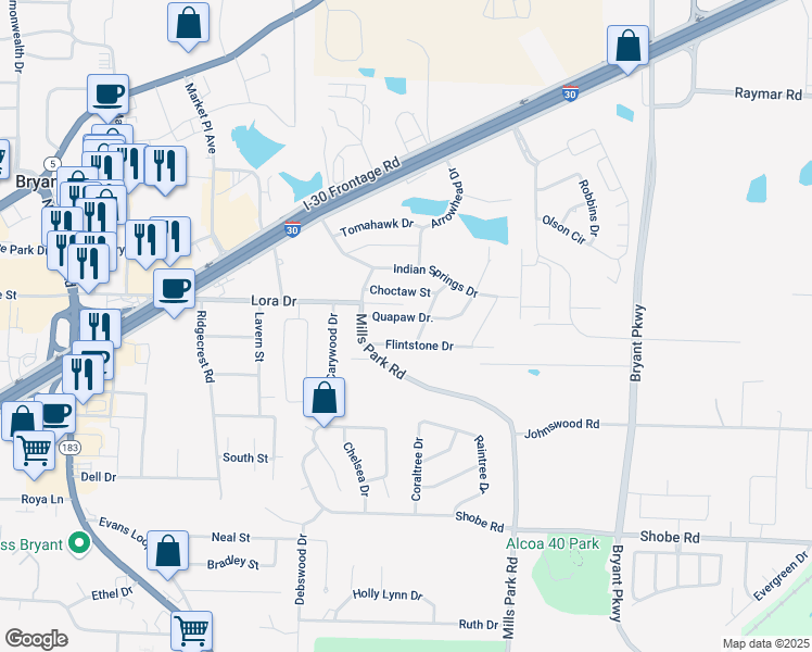 map of restaurants, bars, coffee shops, grocery stores, and more near 208 Quapaw Drive in Bryant
