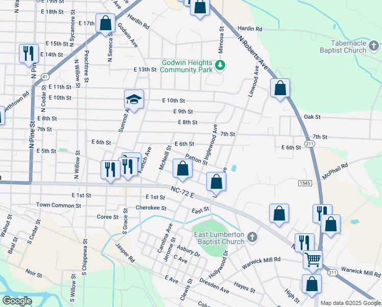 map of restaurants, bars, coffee shops, grocery stores, and more near 526 Norwood Avenue in Lumberton