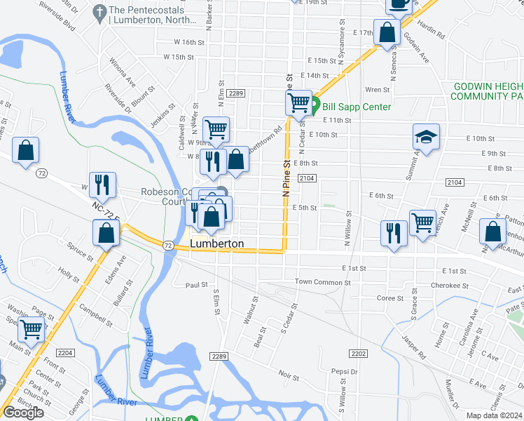 map of restaurants, bars, coffee shops, grocery stores, and more near 406 North Walnut Street in Lumberton