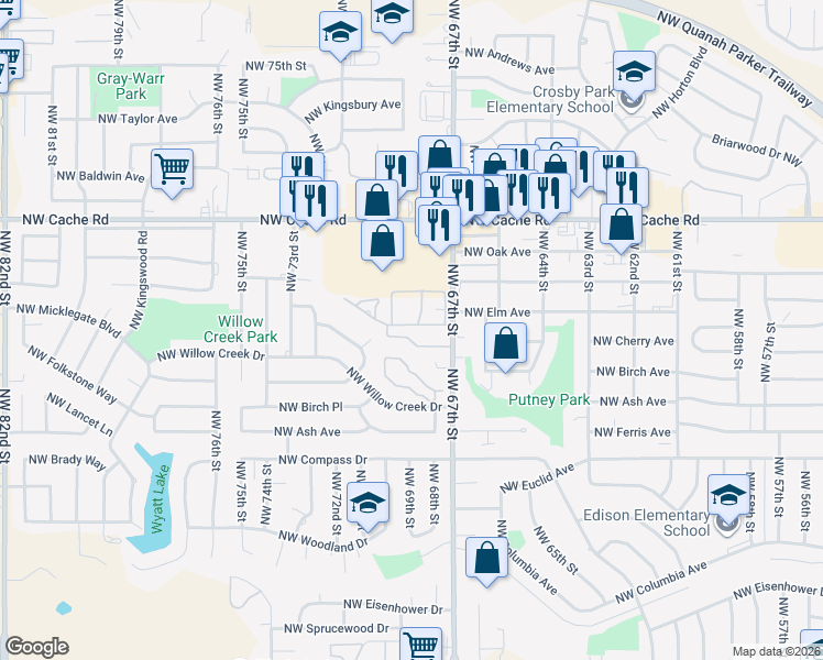 map of restaurants, bars, coffee shops, grocery stores, and more near 6718 Northwest Maple Drive in Lawton