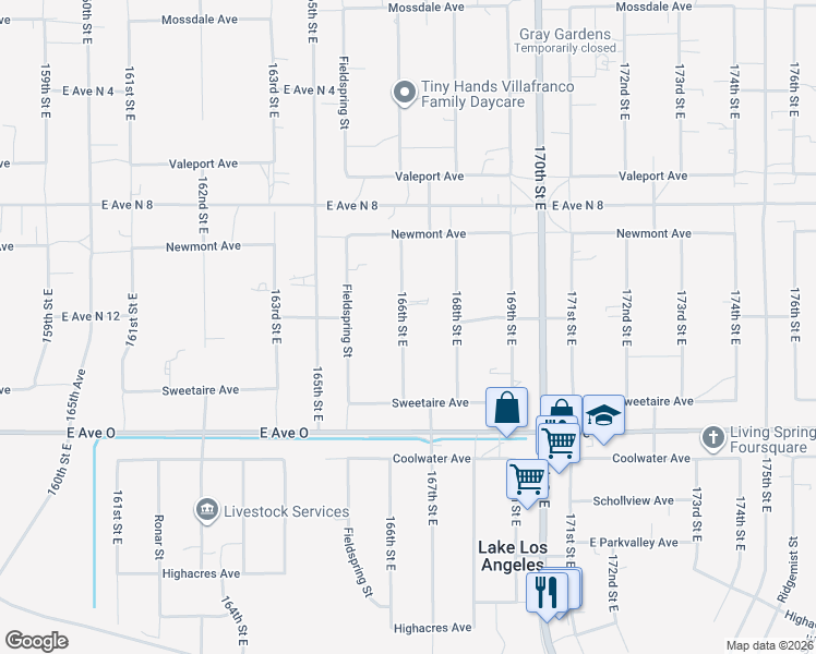 map of restaurants, bars, coffee shops, grocery stores, and more near 40586 166th Street East in Lancaster