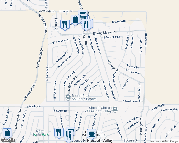 map of restaurants, bars, coffee shops, grocery stores, and more near 5341 North Stetson Drive in Prescott Valley