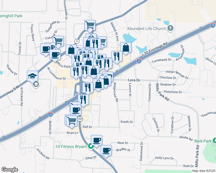 map of restaurants, bars, coffee shops, grocery stores, and more near 23233 Interstate 30 Frontage Road in Bryant