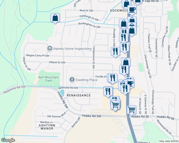 map of restaurants, bars, coffee shops, grocery stores, and more near 2203 Southpark Boulevard Southwest in Huntsville