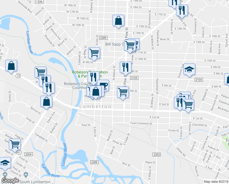 map of restaurants, bars, coffee shops, grocery stores, and more near in Lumberton