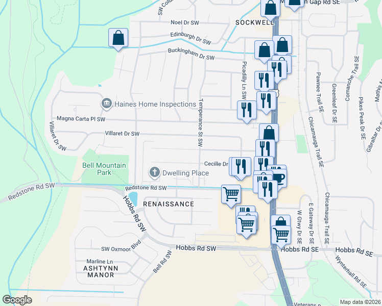 map of restaurants, bars, coffee shops, grocery stores, and more near 2203 Southpark Boulevard Southwest in Huntsville