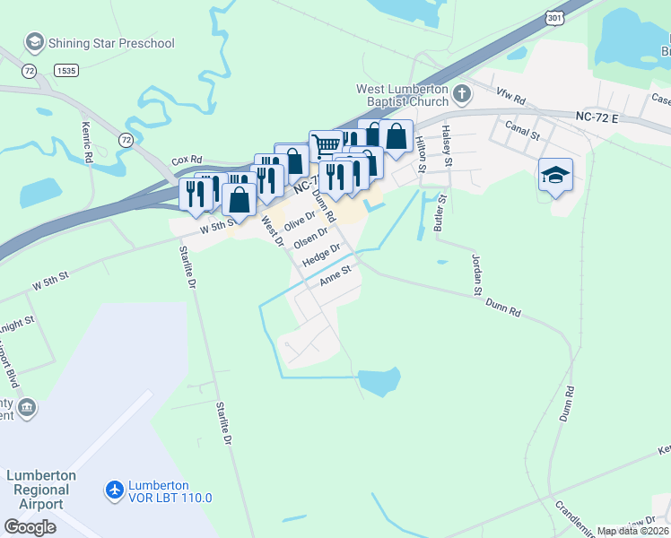 map of restaurants, bars, coffee shops, grocery stores, and more near 2906 Anne Street in Lumberton