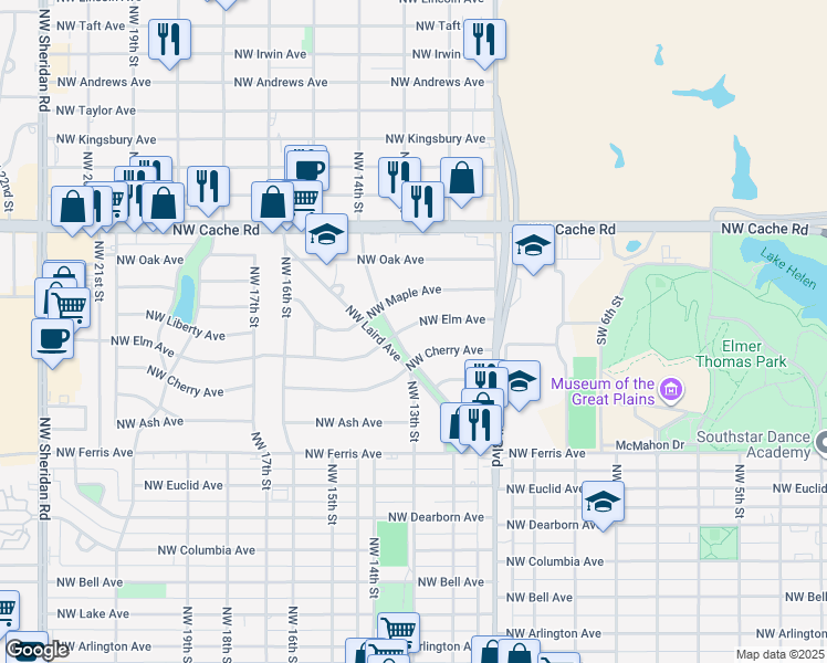 map of restaurants, bars, coffee shops, grocery stores, and more near 1132 Northwest Elm Avenue in Lawton