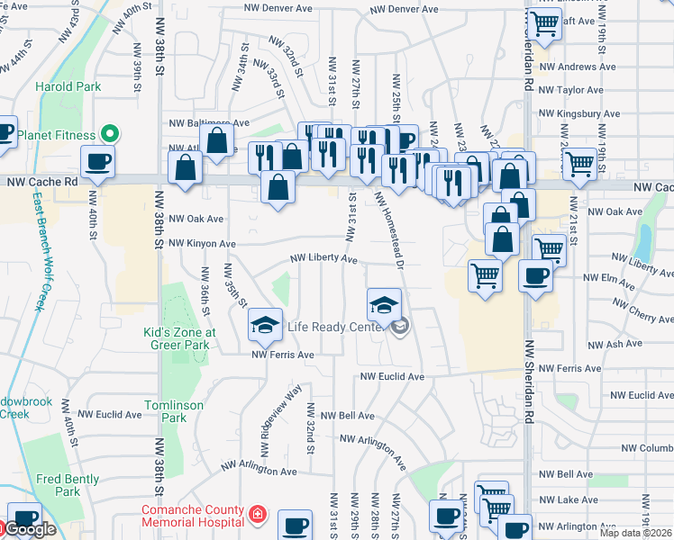 map of restaurants, bars, coffee shops, grocery stores, and more near 736 Northwest 31st Street in Lawton