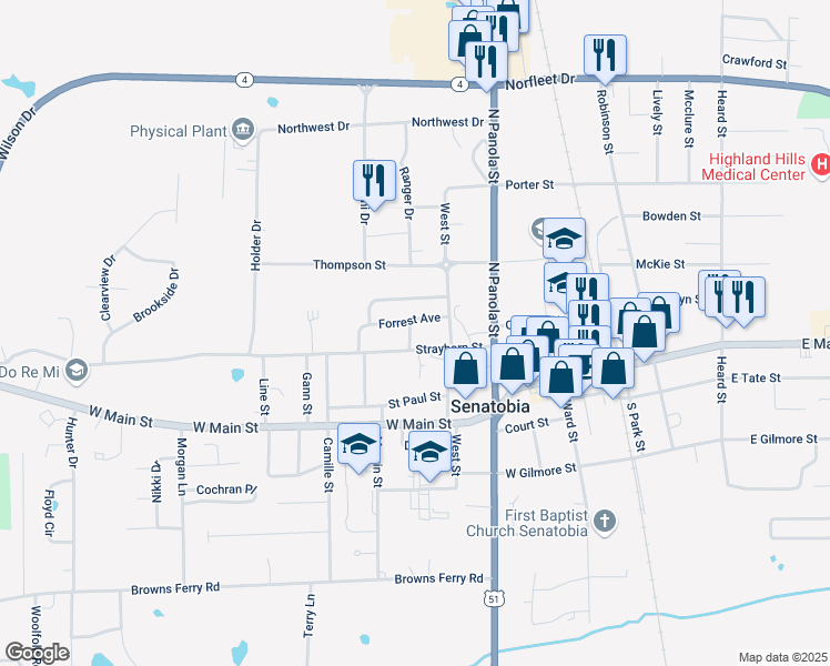 map of restaurants, bars, coffee shops, grocery stores, and more near 303 Beauregard Street in Senatobia
