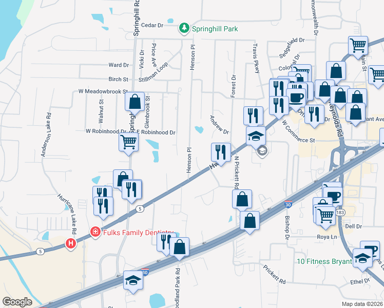 map of restaurants, bars, coffee shops, grocery stores, and more near 2720 Henson Place in Bryant