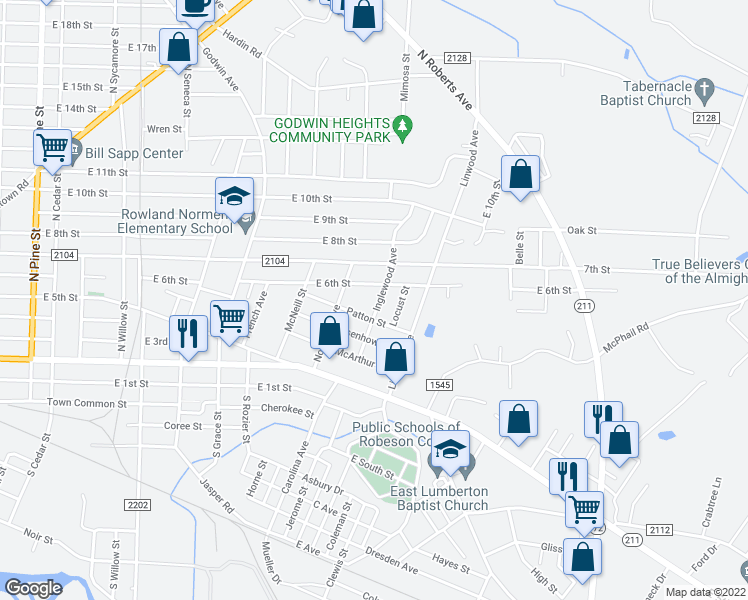 map of restaurants, bars, coffee shops, grocery stores, and more near 529 Inglewood Avenue in Lumberton