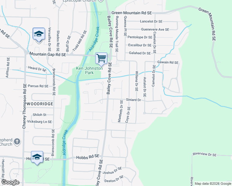map of restaurants, bars, coffee shops, grocery stores, and more near 1206 Maebeth Circle Southeast in Huntsville