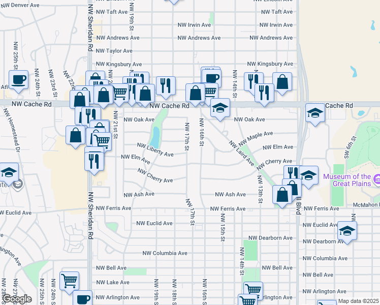 map of restaurants, bars, coffee shops, grocery stores, and more near 809 Northwest 17th Street in Lawton