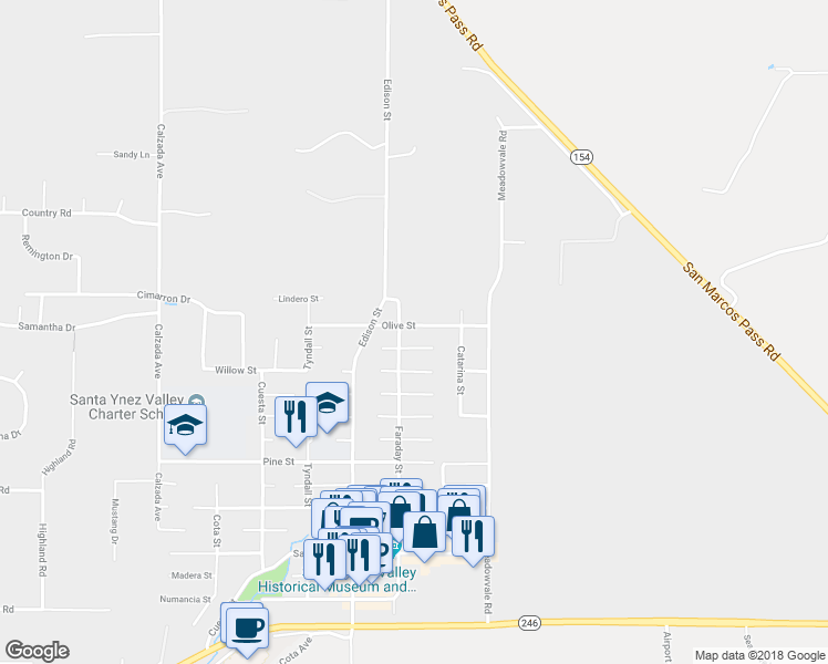 map of restaurants, bars, coffee shops, grocery stores, and more near 3620 Olive Street in Santa Ynez