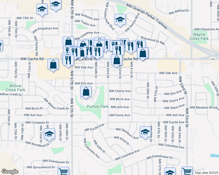 map of restaurants, bars, coffee shops, grocery stores, and more near 6215 Northwest Cherry Avenue in Lawton