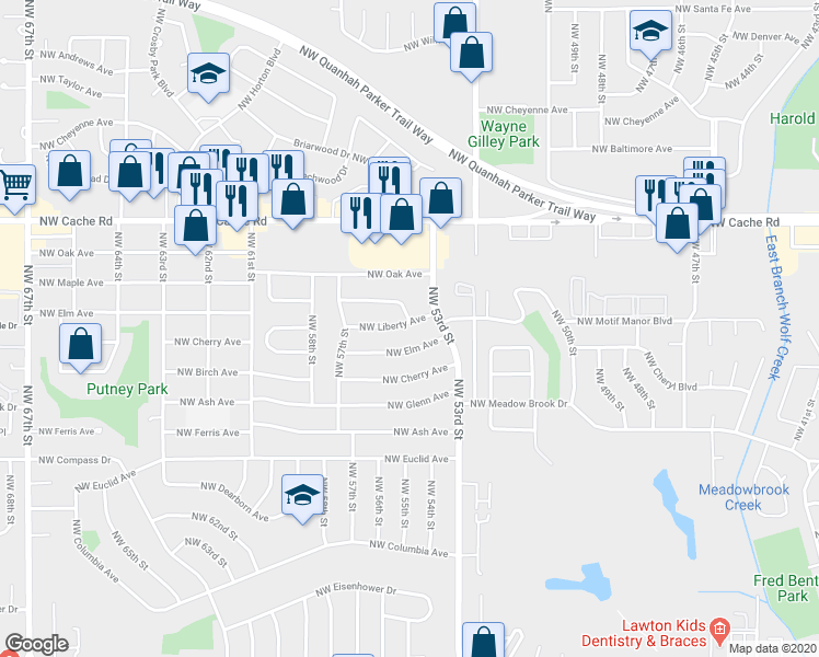 map of restaurants, bars, coffee shops, grocery stores, and more near 5314 Northwest Liberty Avenue in Lawton