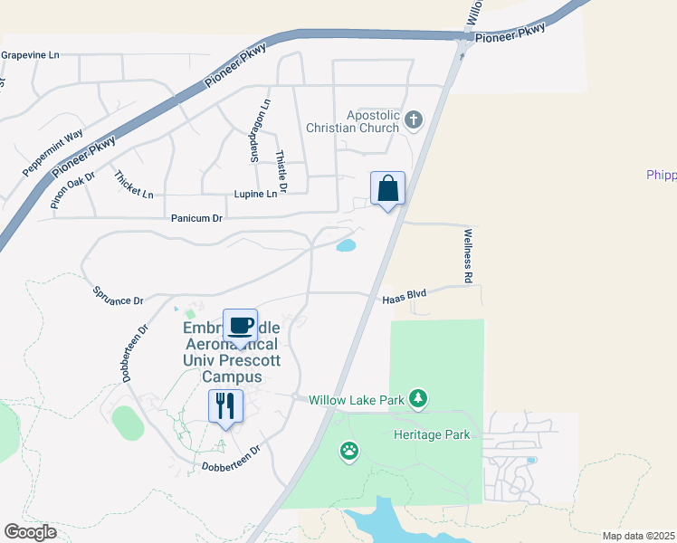 map of restaurants, bars, coffee shops, grocery stores, and more near 3800 Willow Creek Road in Prescott