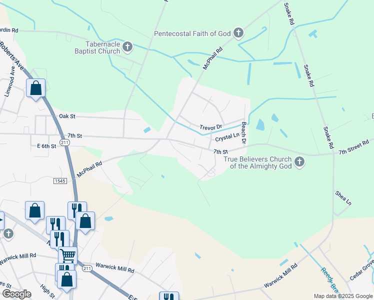 map of restaurants, bars, coffee shops, grocery stores, and more near 2500-2986 East 7th Street in Lumberton