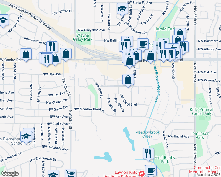 map of restaurants, bars, coffee shops, grocery stores, and more near 4814 Northwest Motif Manor Boulevard in Lawton