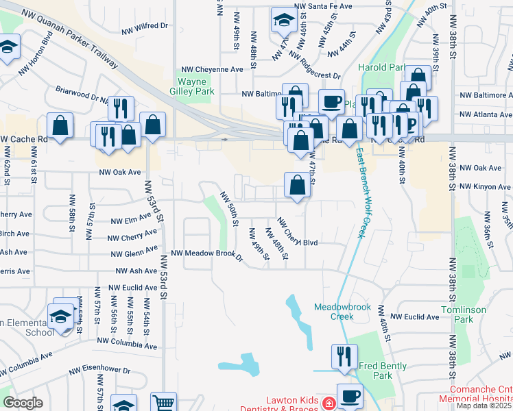 map of restaurants, bars, coffee shops, grocery stores, and more near 4810 Northwest Motif Manor Boulevard in Lawton