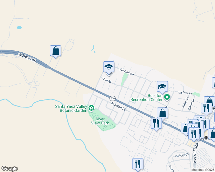 map of restaurants, bars, coffee shops, grocery stores, and more near 351 Beech Court in Buellton