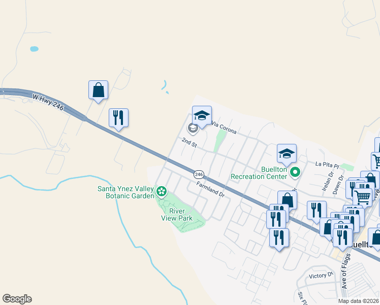 map of restaurants, bars, coffee shops, grocery stores, and more near 351 Beech Ct in Buellton