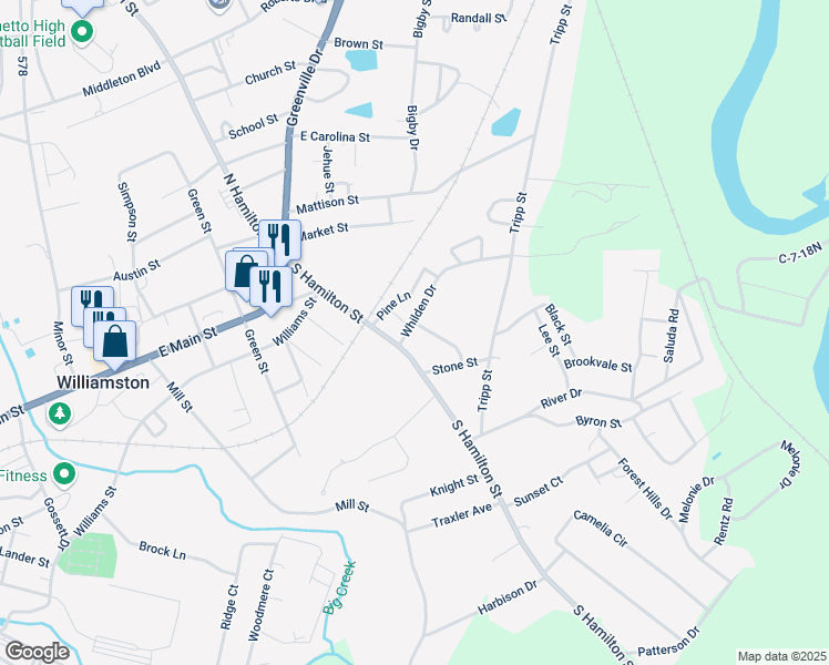 map of restaurants, bars, coffee shops, grocery stores, and more near 2 Whilden Drive in Williamston