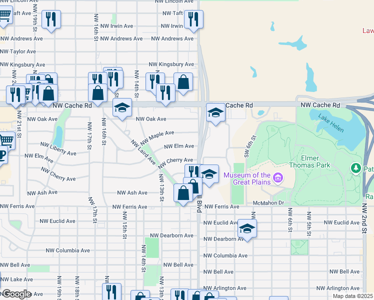 map of restaurants, bars, coffee shops, grocery stores, and more near 1108 Northwest Elm Avenue in Lawton