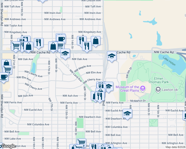 map of restaurants, bars, coffee shops, grocery stores, and more near 1112 Northwest Elm Avenue in Lawton