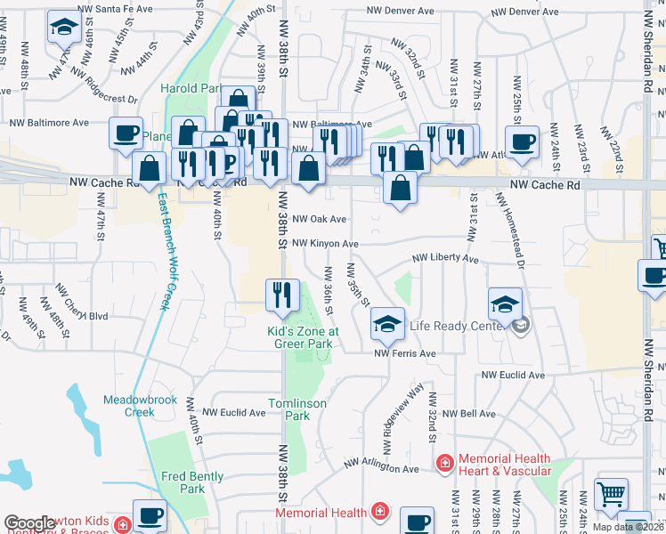 map of restaurants, bars, coffee shops, grocery stores, and more near 735 Northwest 36th Street in Lawton
