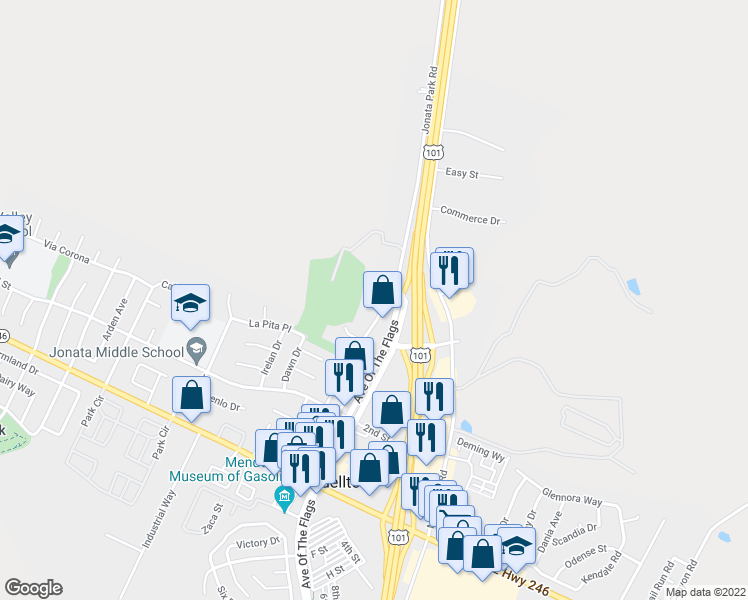 map of restaurants, bars, coffee shops, grocery stores, and more near 665 Central Avenue in Buellton