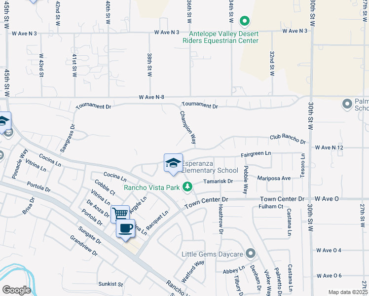 map of restaurants, bars, coffee shops, grocery stores, and more near 3615 Club Rancho Drive in Palmdale