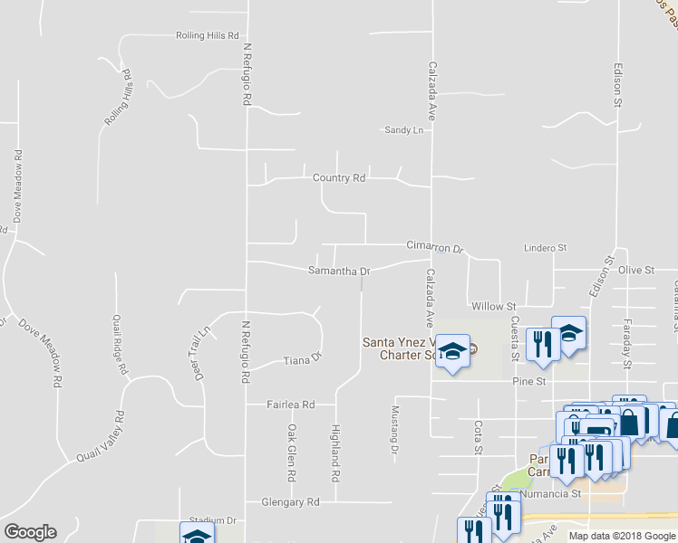map of restaurants, bars, coffee shops, grocery stores, and more near 3190 Samantha Drive in Santa Ynez