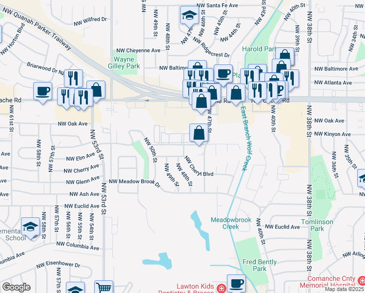 map of restaurants, bars, coffee shops, grocery stores, and more near 4804 Northwest Motif Manor Boulevard in Lawton