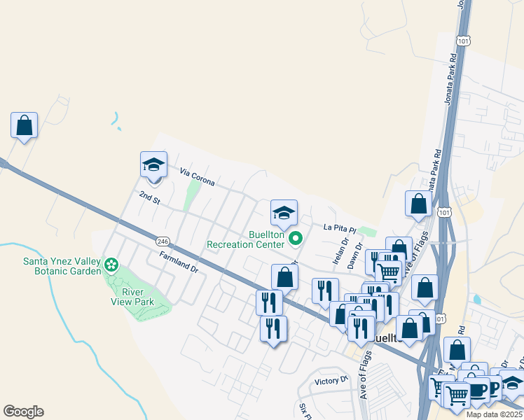 map of restaurants, bars, coffee shops, grocery stores, and more near 471 Calor Drive in Buellton