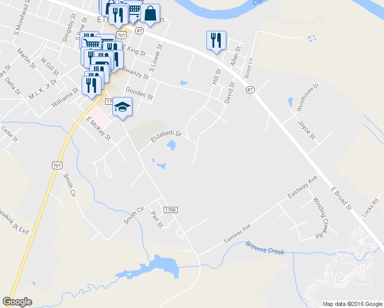 map of restaurants, bars, coffee shops, grocery stores, and more near 606 David Street in Elizabethtown