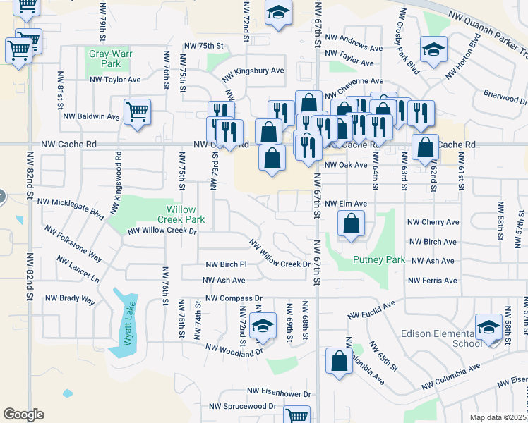 map of restaurants, bars, coffee shops, grocery stores, and more near 6904 Northwest Maple Drive in Lawton
