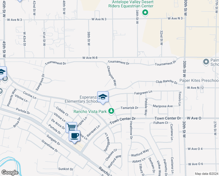 map of restaurants, bars, coffee shops, grocery stores, and more near 3615 Club Rancho Drive in Palmdale