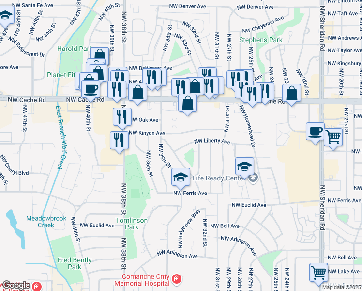 map of restaurants, bars, coffee shops, grocery stores, and more near 3137 Northwest Liberty Avenue in Lawton