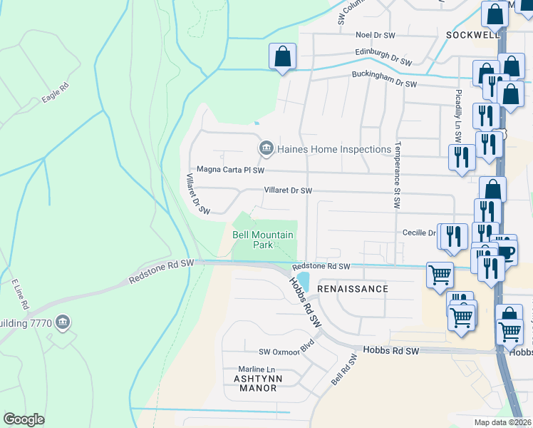 map of restaurants, bars, coffee shops, grocery stores, and more near 11008 Charring Court Southwest in Huntsville