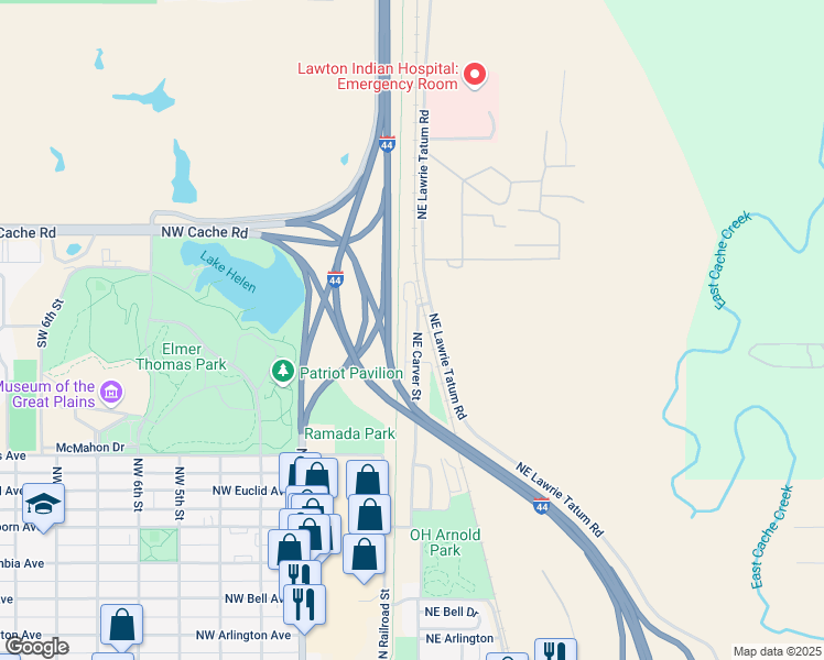 map of restaurants, bars, coffee shops, grocery stores, and more near 818 Northeast Carver Street in Lawton