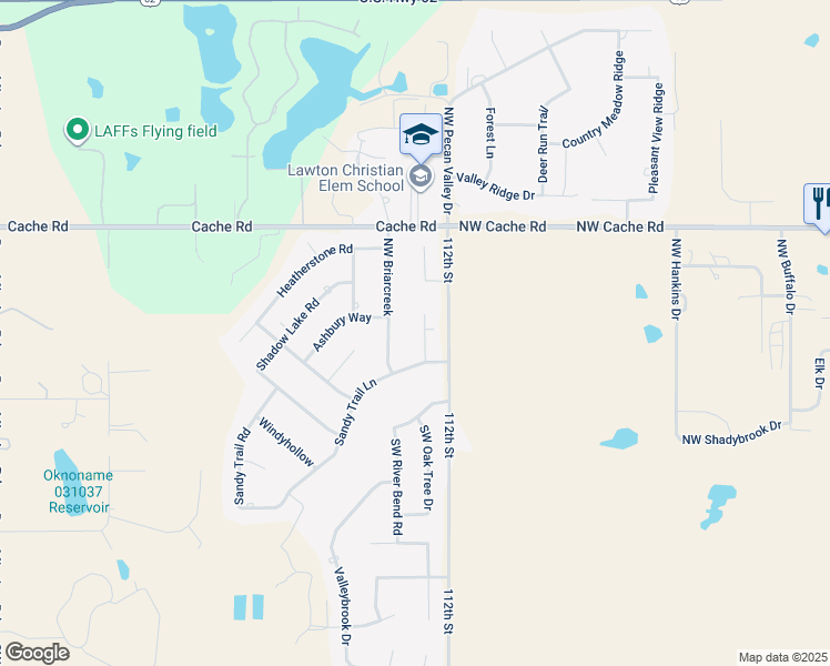 map of restaurants, bars, coffee shops, grocery stores, and more near 106 Sandy Trail Circle in Lawton