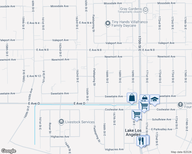 map of restaurants, bars, coffee shops, grocery stores, and more near 40596 Fieldspring Street in Lancaster
