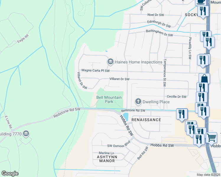 map of restaurants, bars, coffee shops, grocery stores, and more near 11008 Charring Court Southwest in Huntsville