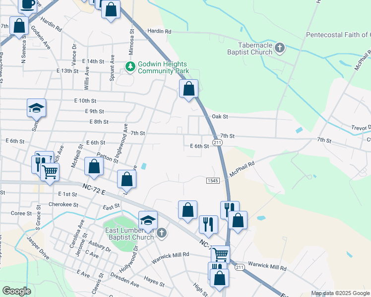 map of restaurants, bars, coffee shops, grocery stores, and more near 1902 East 6th Street in Lumberton