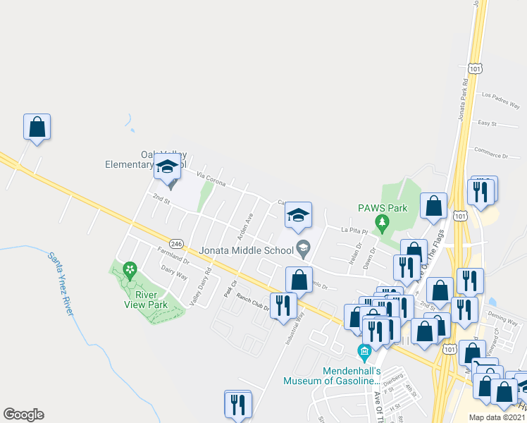 map of restaurants, bars, coffee shops, grocery stores, and more near 471 Calor Drive in Buellton
